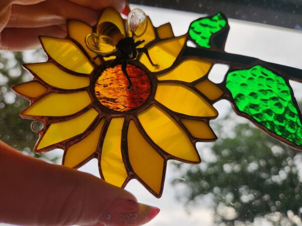 Stained Glass Sunflower Suncatcher with Lampwork Bee
