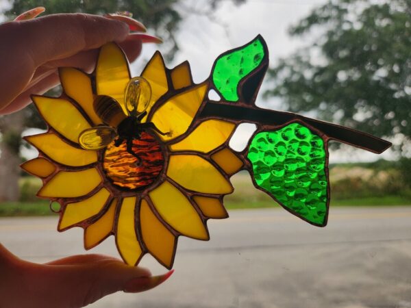 Stained Glass Sunflower Suncatcher with Lampwork Bee